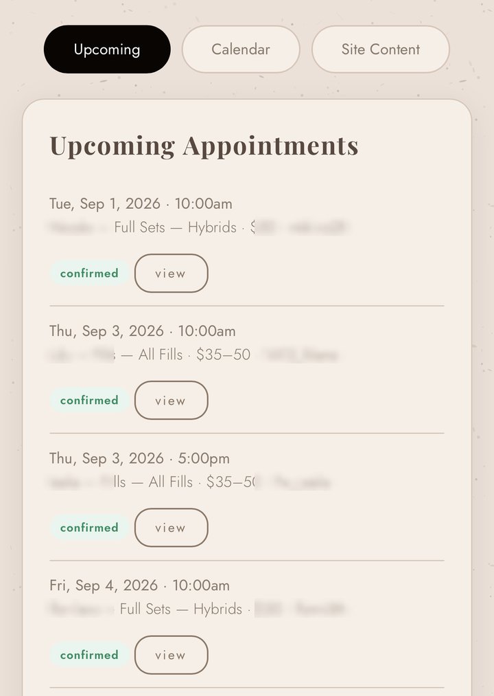The private dashboard showing upcoming appointments waiting to be confirmed