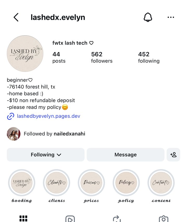 A lash tech's Instagram profile with her booking site linked in the bio